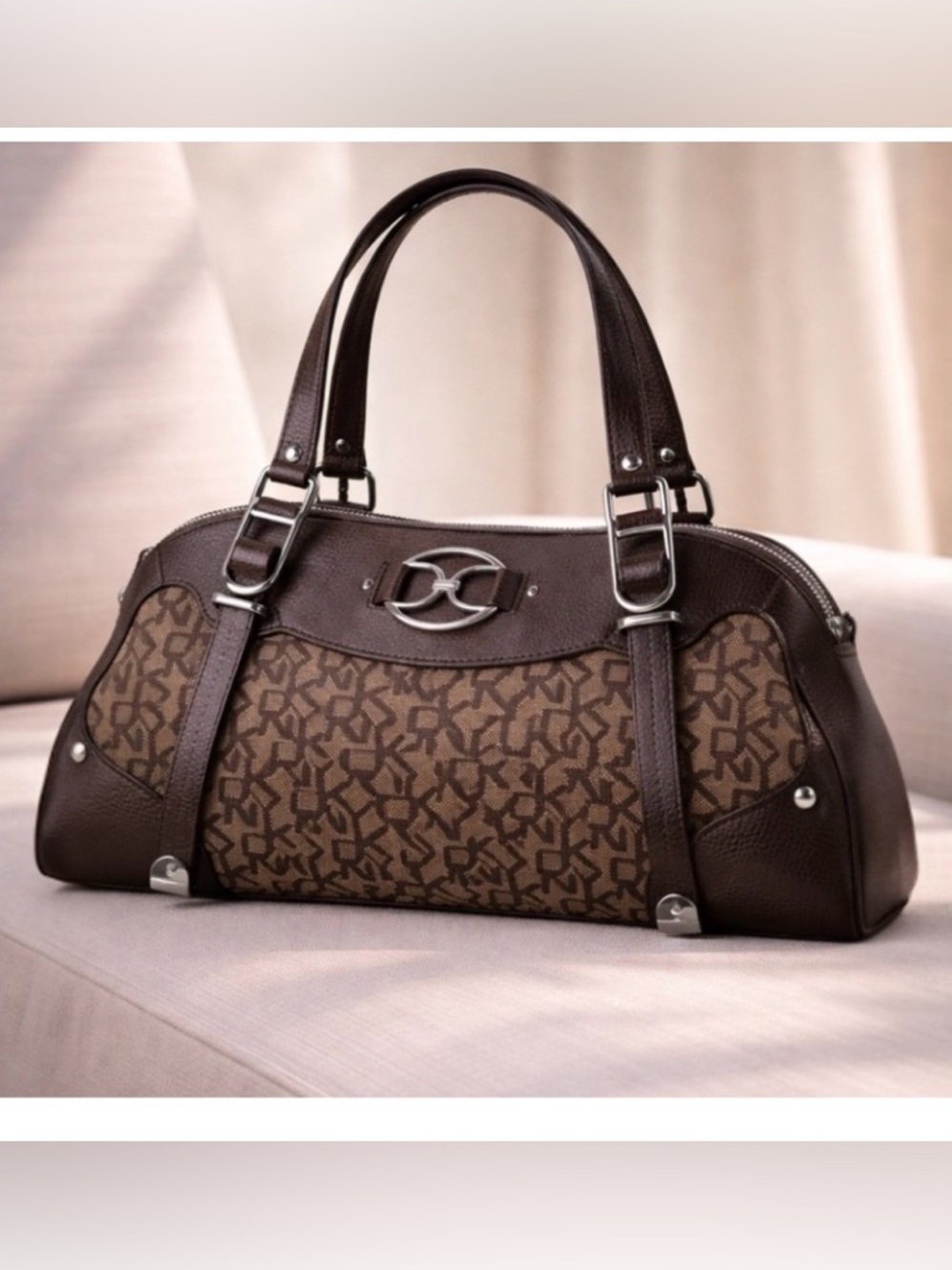 DKNY NWOT Y2K Brown Monogram Shoulder Bag Leather Trim